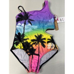 Justice Girls XL 16/18 One-Shoulder Cut-Out Swimsuit Rainbow Palm Print UPF 50+